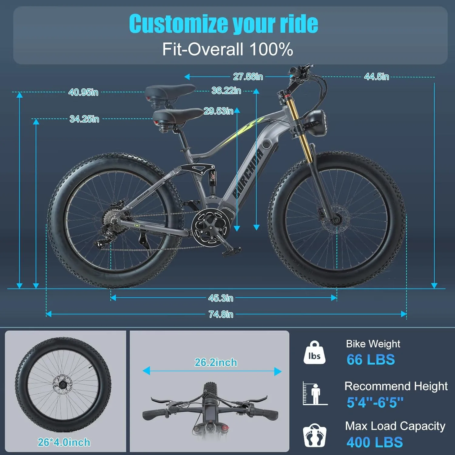 1000W/2000W Dual Motor Electric Bike Adult, 48V 30Ah/20Ah Battery, 26'' Fat Tire Full Suspension Ebike, 30MPH Dual Hydraulic Disc Brakes, 120Miles Off Road Mountain Beach Ebike, UL Certified