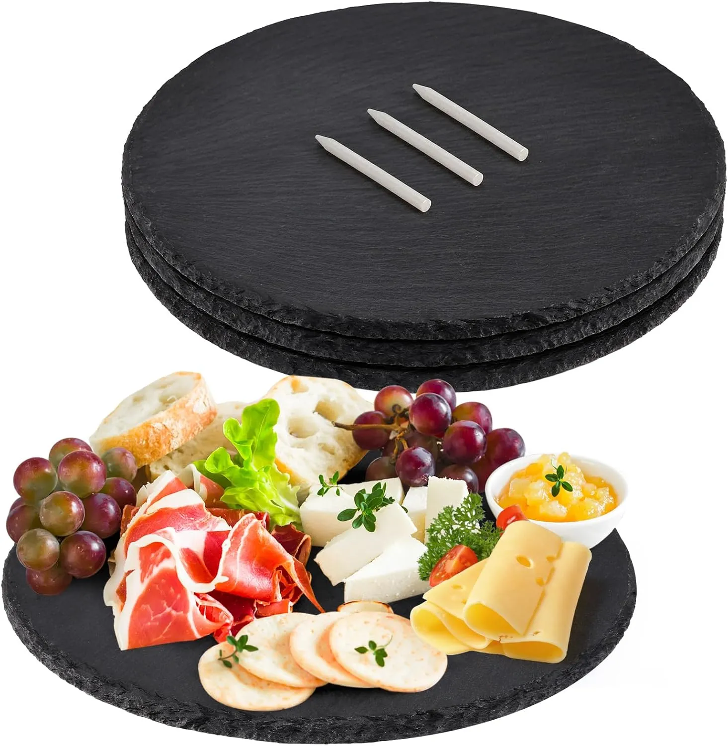 11 x 11 In 4 Pack Slate Cheese Boards, Round Black Stone Plates Charcuterie Boards Serving Tray Slate Platter Display Chalkboard with Soapstone Chalk for Halloween Christmas, Party, Gifts