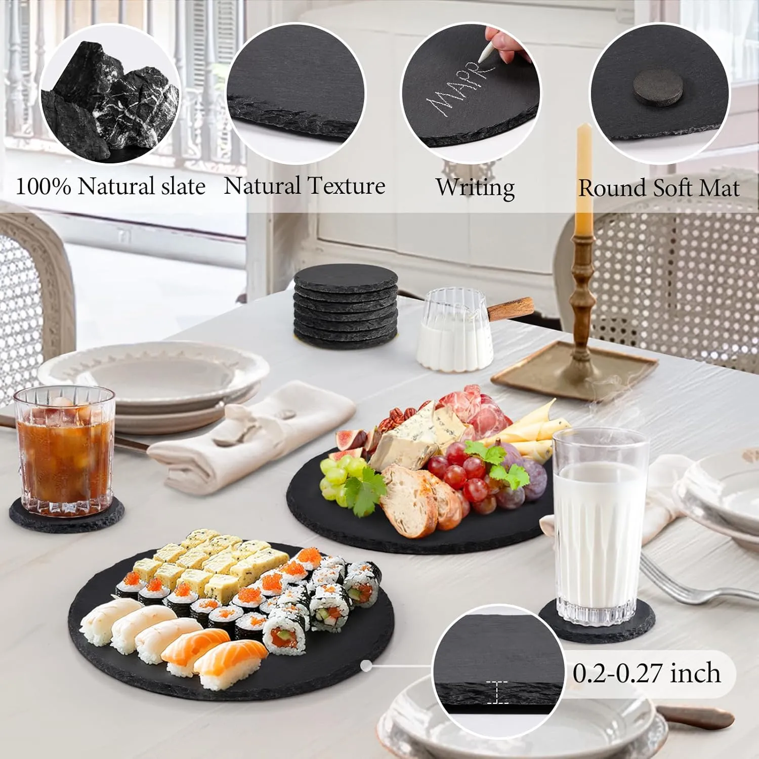 11 x 11 In 4 Pack Slate Cheese Boards, Round Black Stone Plates Charcuterie Boards Serving Tray Slate Platter Display Chalkboard with Soapstone Chalk for Halloween Christmas, Party, Gifts