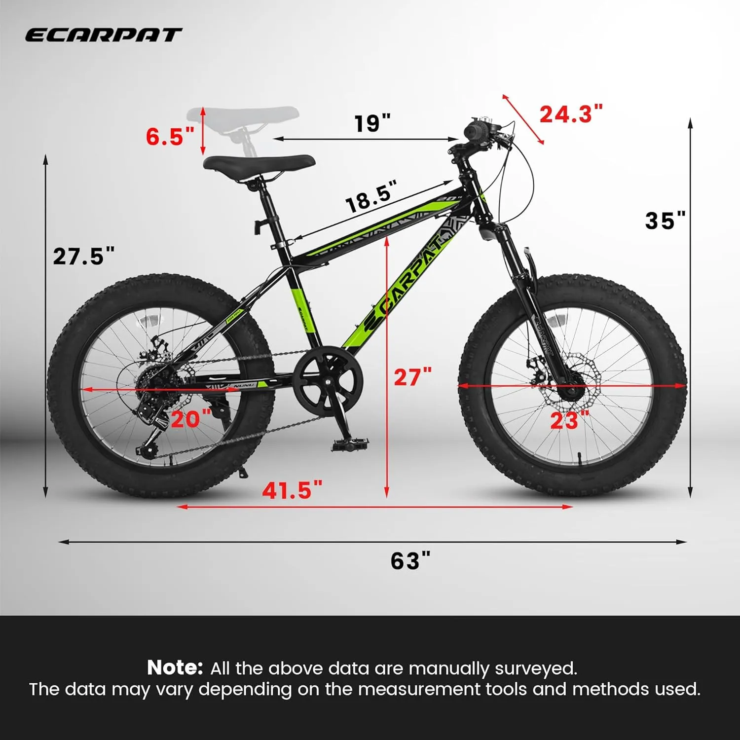 20 inch Kids Bike with 4" Wide Fat Tire Wheel, Boys Bikes Ages 8-12 with Double Disc Brakes, 7-Speed Kids' Bicycles City Snow Beach Mountain Bike for Boys Girls