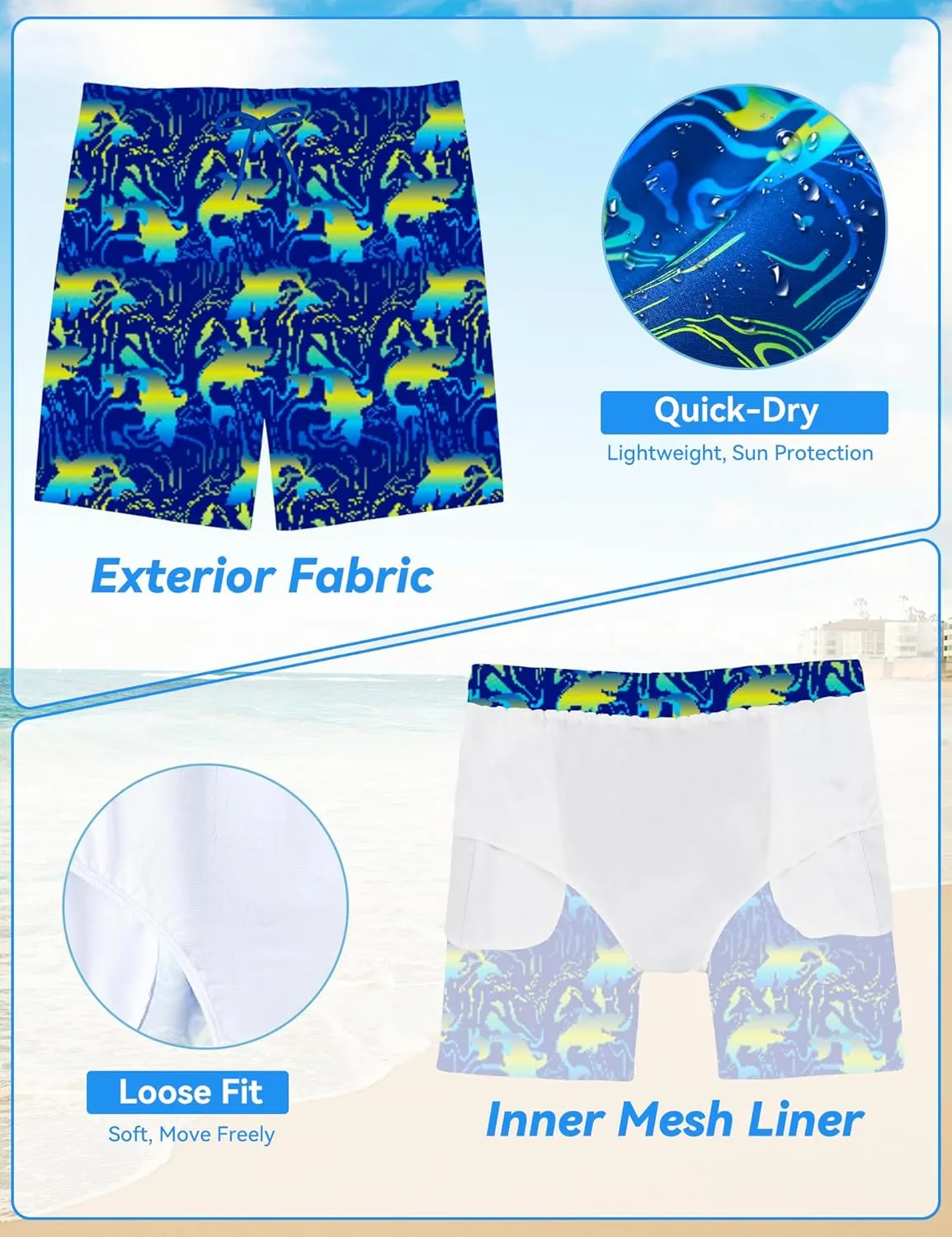 Boys Swim Trunks Quick-Dry w/Ultra Soft Jersey Lining Premium Eco Material UPF 50 