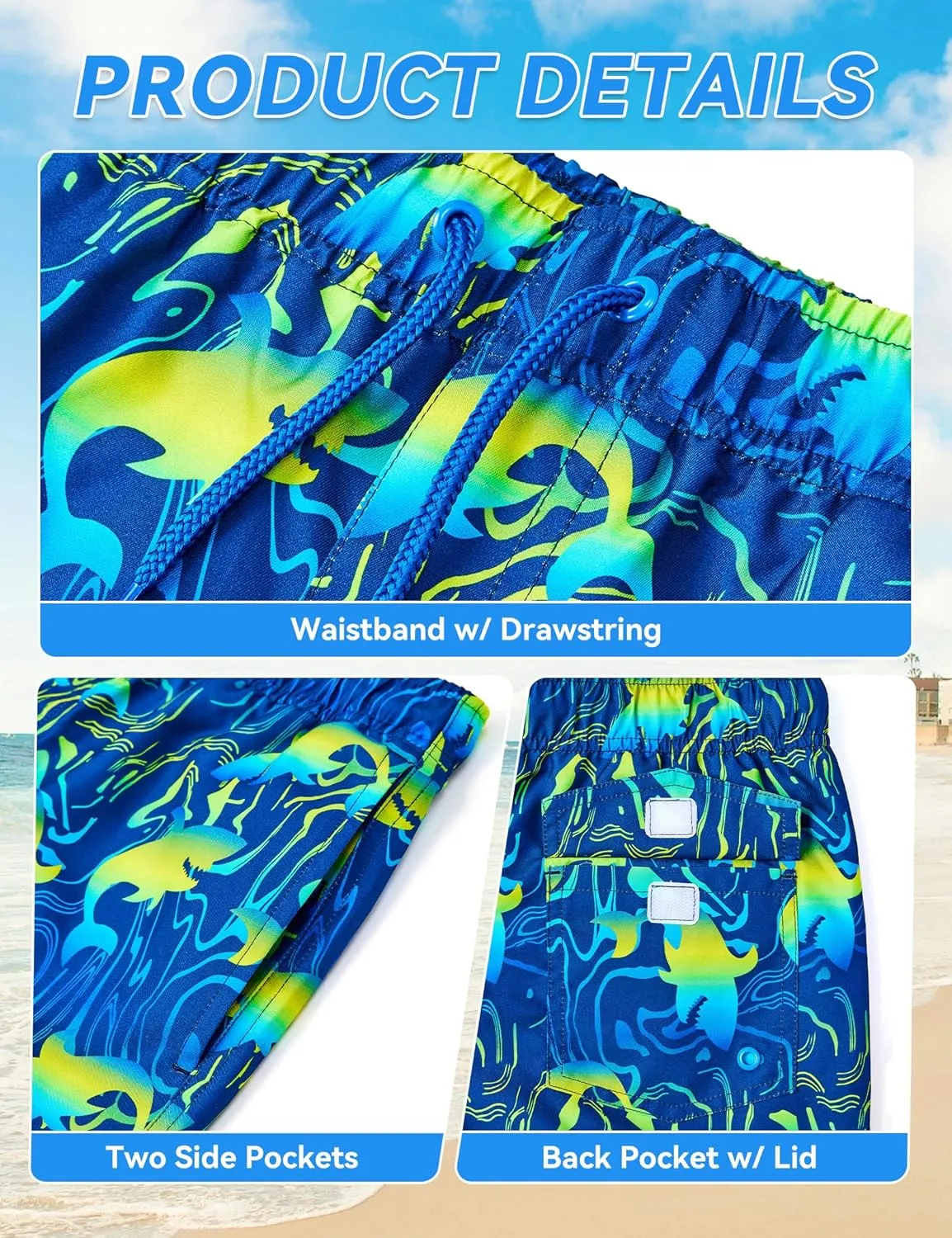 Boys Swim Trunks Quick-Dry w/Ultra Soft Jersey Lining Premium Eco Material UPF 50 