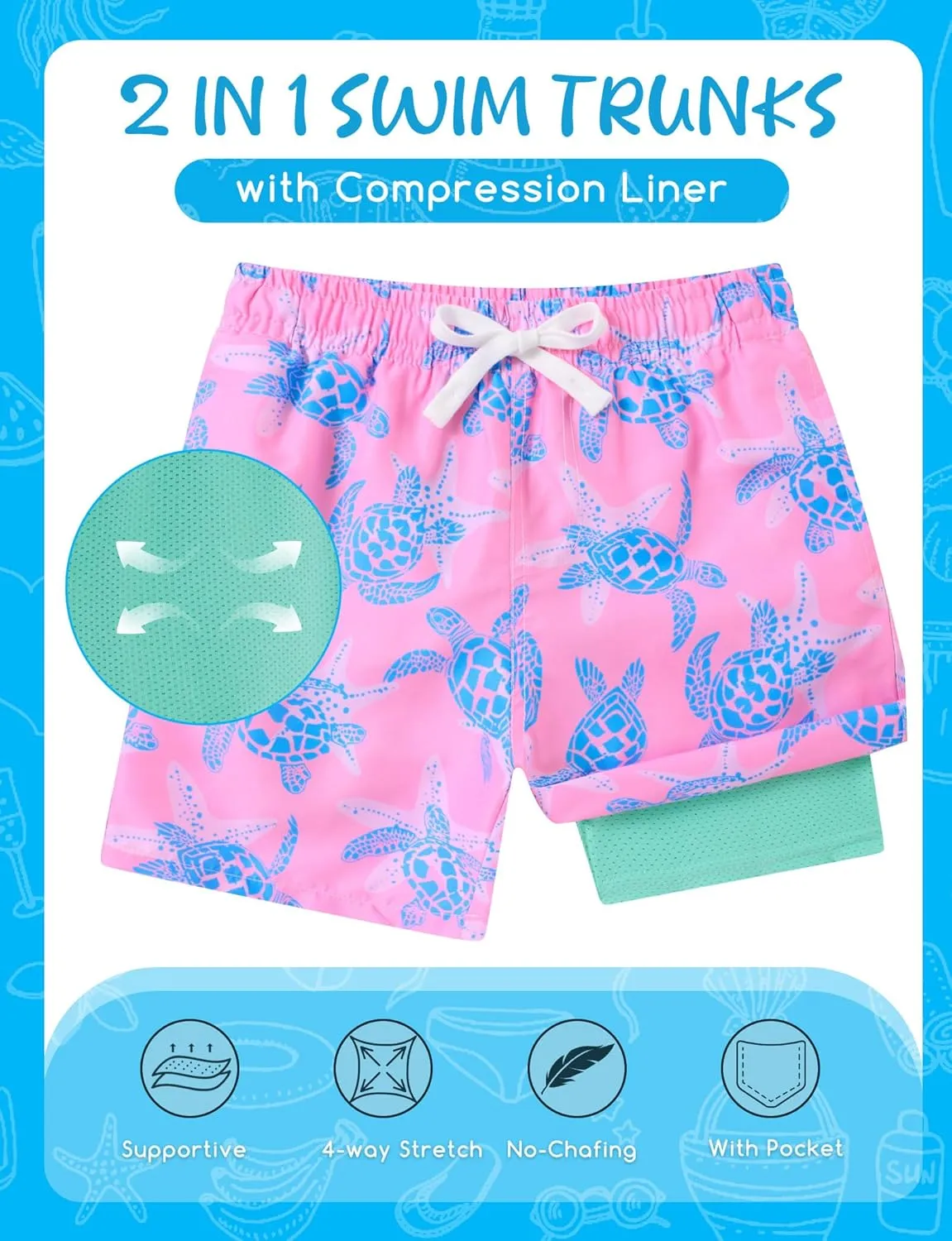 Boys Swim Trunks with Compression Liner for 6-20 Years Kids Quick Dry Bathing Suit