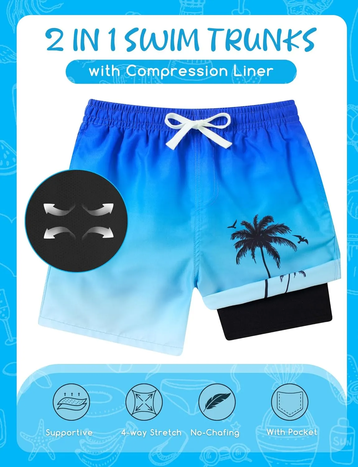 Boys Swim Trunks with Compression Liner for 6-20 Years Kids Quick Dry Bathing Suit