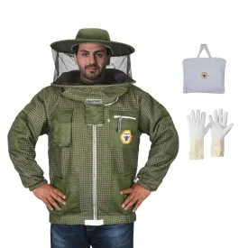 BP-302 Beekeeping with Veil 3 Layer Ultra Ventilated with YKK Zippers & Safety Fencing for Professional (Green Round Veil, XX-Large)