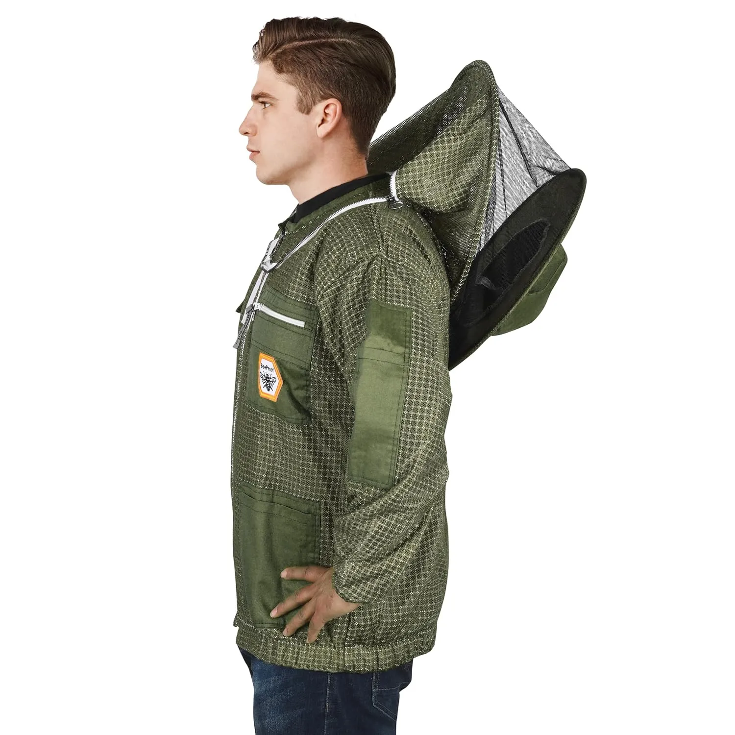 BP-302 Beekeeping with Veil 3 Layer Ultra Ventilated with YKK Zippers & Safety Fencing for Professional (Green Round Veil, XX-Large)