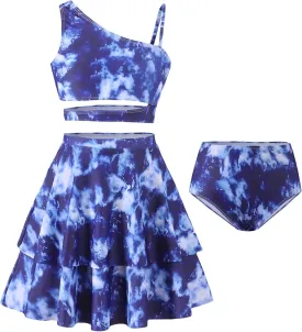 Girls 3 Piece Bathing Suit One Shoulder Ruffle Flounce Bikini Set with Cover Up Skirt Quick Dry Swimsuit 5-12 Years