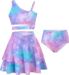 Girls 3 Piece Bathing Suit One Shoulder Ruffle Flounce Bikini Set with Cover Up Skirt Quick Dry Swimsuit 5-12 Years