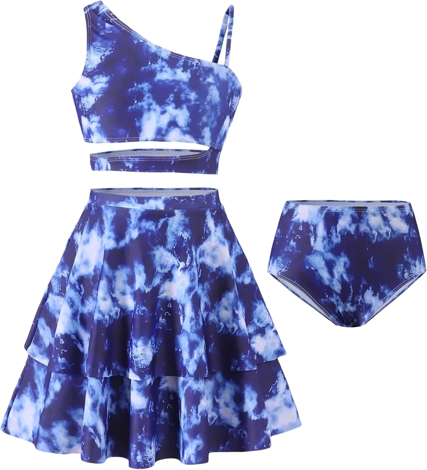Girls 3 Piece Bathing Suit One Shoulder Ruffle Flounce Bikini Set with Cover Up Skirt Quick Dry Swimsuit 5-12 Years