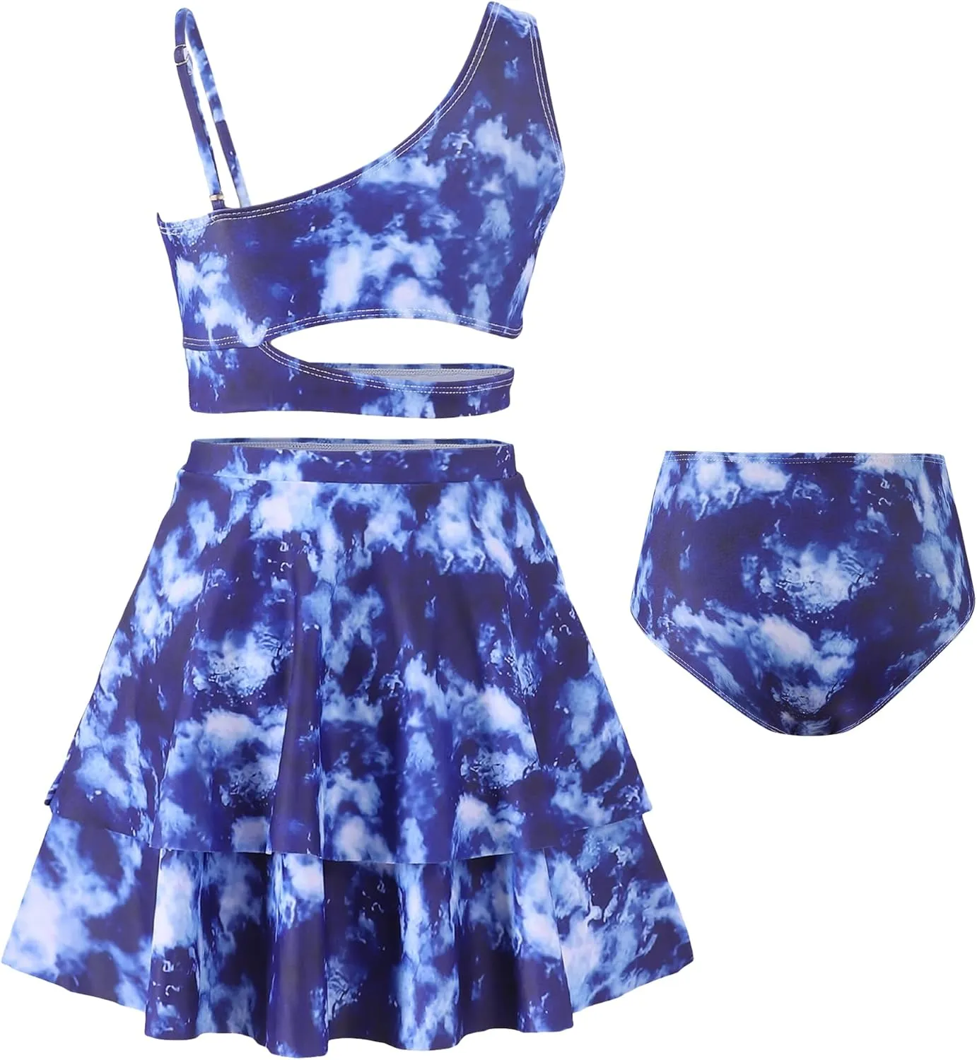 Girls 3 Piece Bathing Suit One Shoulder Ruffle Flounce Bikini Set with Cover Up Skirt Quick Dry Swimsuit 5-12 Years