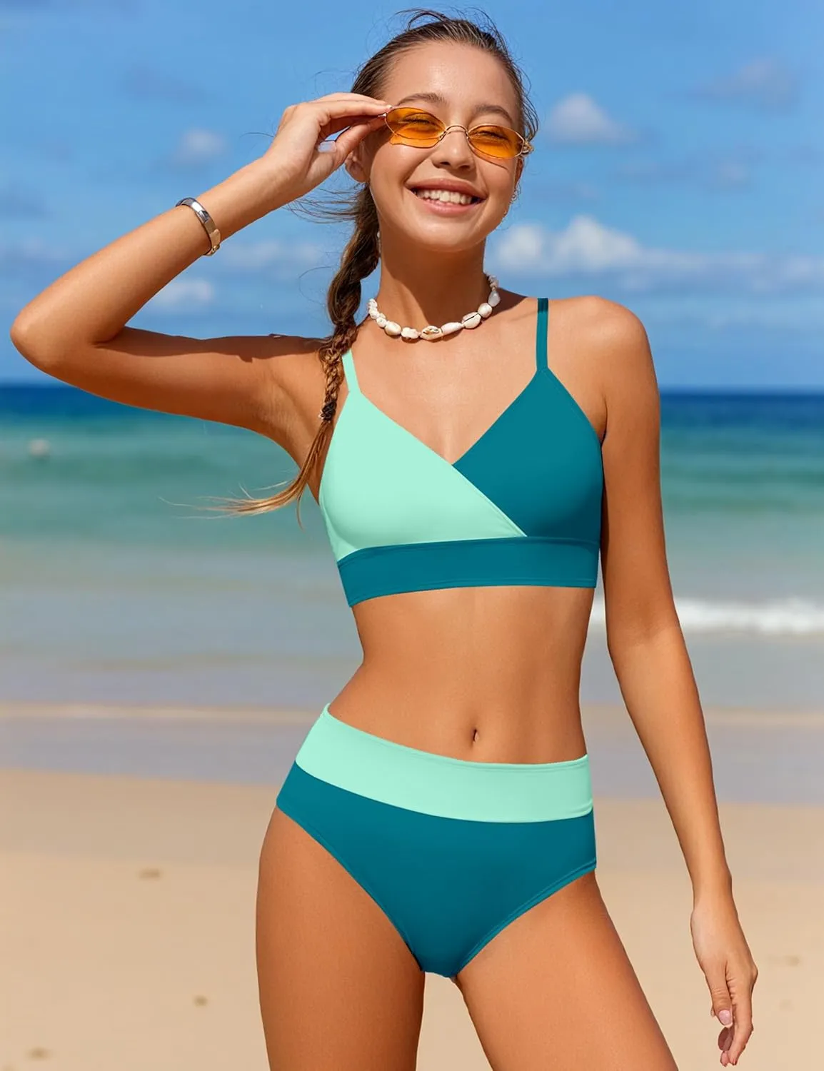 Girls Swimsuit V Neck Bikini Set Color Block with Cover Up 3Pcs Bathing Suits
