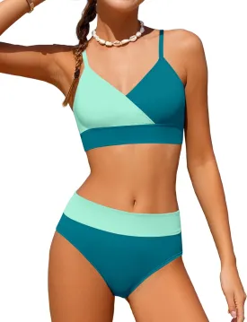 Girls Swimsuit V Neck Bikini Set Color Block with Cover Up 3Pcs Bathing Suits