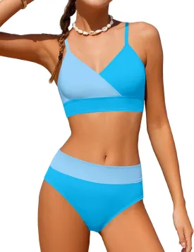 Girls Swimsuit V Neck Bikini Set Color Block with Cover Up 3Pcs Bathing Suits
