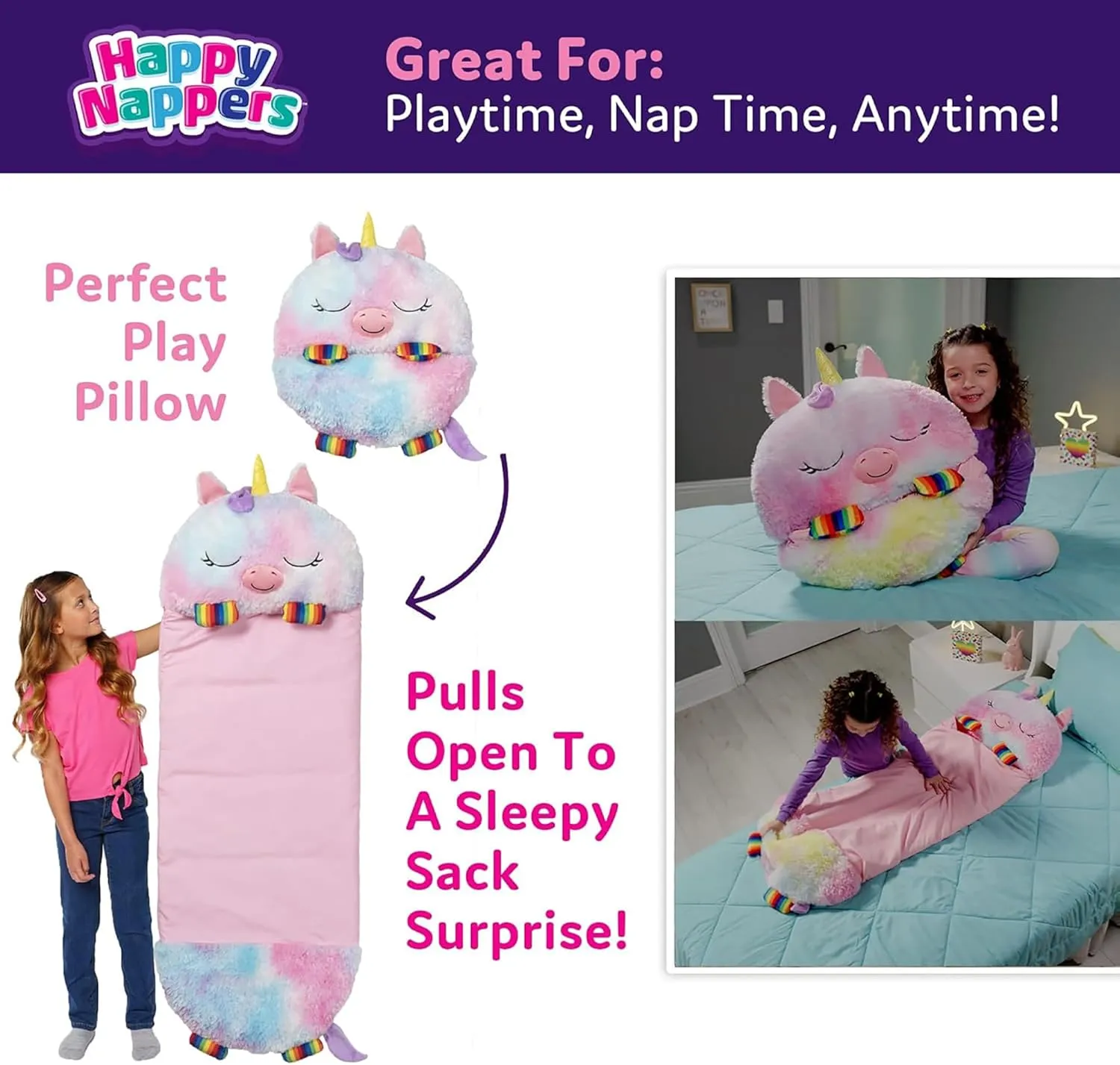 Happy Nappers: Pillow & Sleepy Sack: Medium - Rainbow Unicorn - 54 x 20, Plush Animal Character, 2-in-1 Pillow Sleeping Bag, Play, Kids Ages 3 