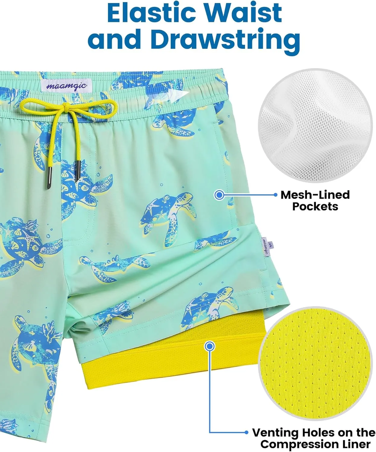 maamgic Mens Swim Trunks with Compression Liner 7 Inch Inseam Mens Bathing Suit Quick Dry Swimming Trunks Swimsuit