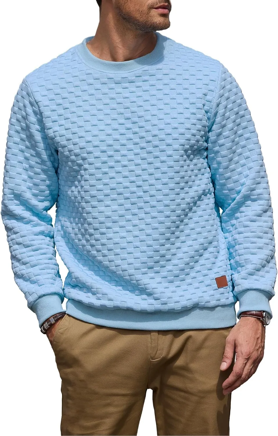 Men's Crewneck Sweatshirts Solid Color Checkered 3D Texture Long Sleeve Casual Basics Pullover Shirt