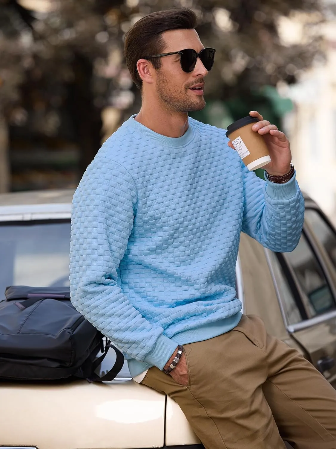 Men's Crewneck Sweatshirts Solid Color Checkered 3D Texture Long Sleeve Casual Basics Pullover Shirt