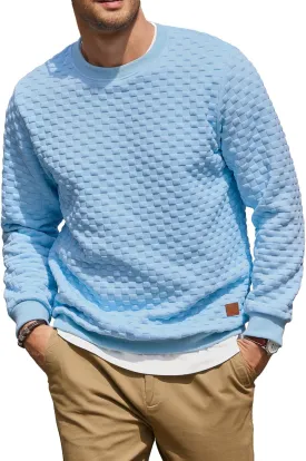 Men's Crewneck Sweatshirts Solid Color Checkered 3D Texture Long Sleeve Casual Basics Pullover Shirt