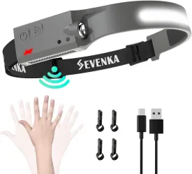 SEVENKA Rechargeable Headlamp Flashlight, Bright LED Headlamp, 230 Wide Beam & Spot Light, Sensor Mode, 2.4oz Lightweight Head Lamp with Clips for Hardhat, Camping, Hiking (Grey)