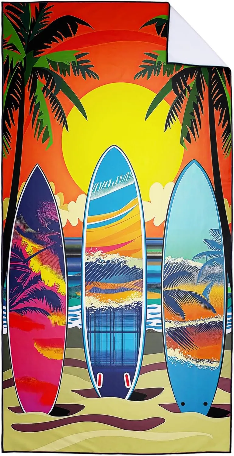 Sunset Palms Surfboard Beach Towel Oversized 36" x 72", Lightweight Sand Free Quick Dry Microfiber Towel for Swimming Pool Cruise Camping Travel