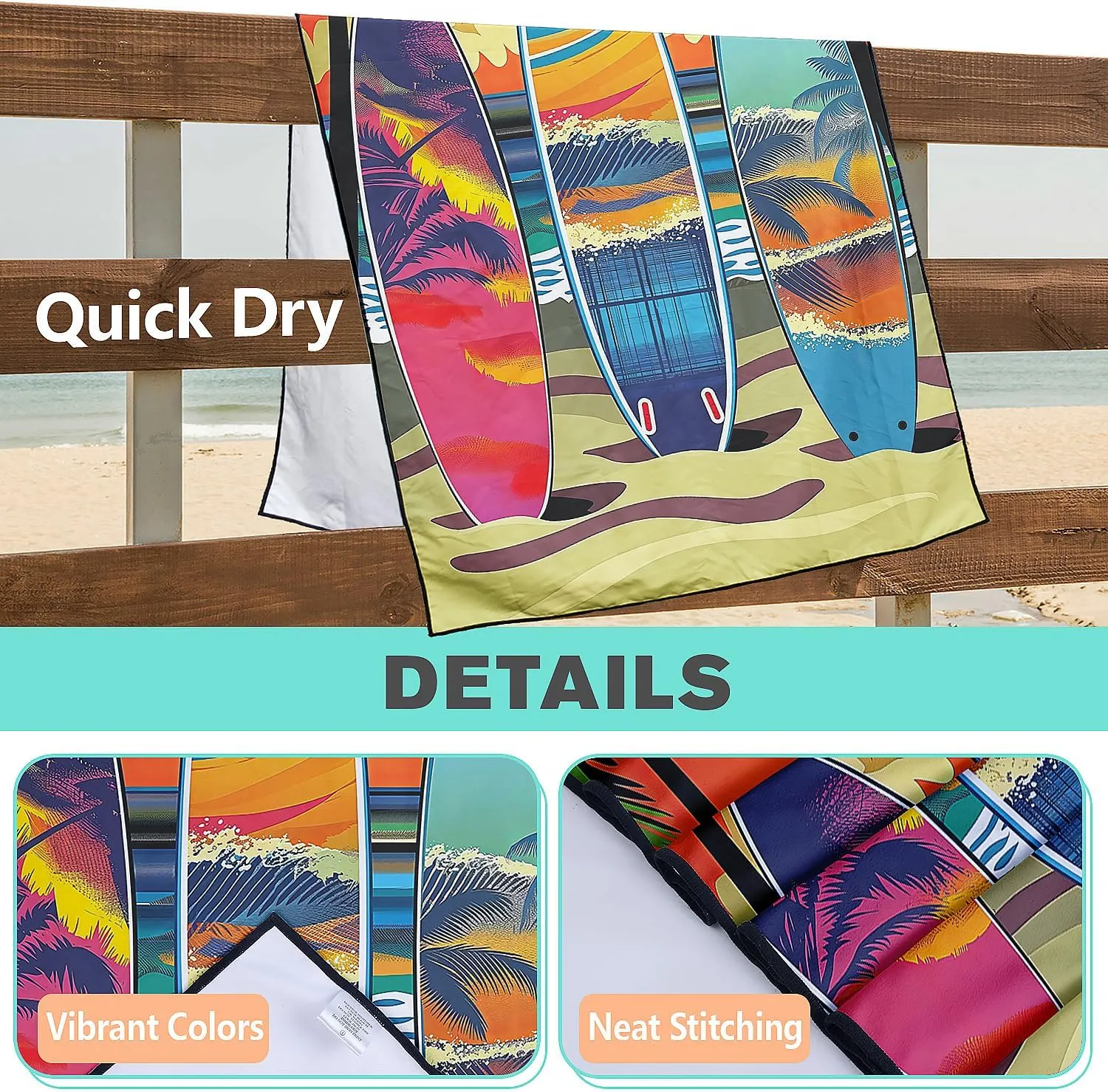 Sunset Palms Surfboard Beach Towel Oversized 36" x 72", Lightweight Sand Free Quick Dry Microfiber Towel for Swimming Pool Cruise Camping Travel