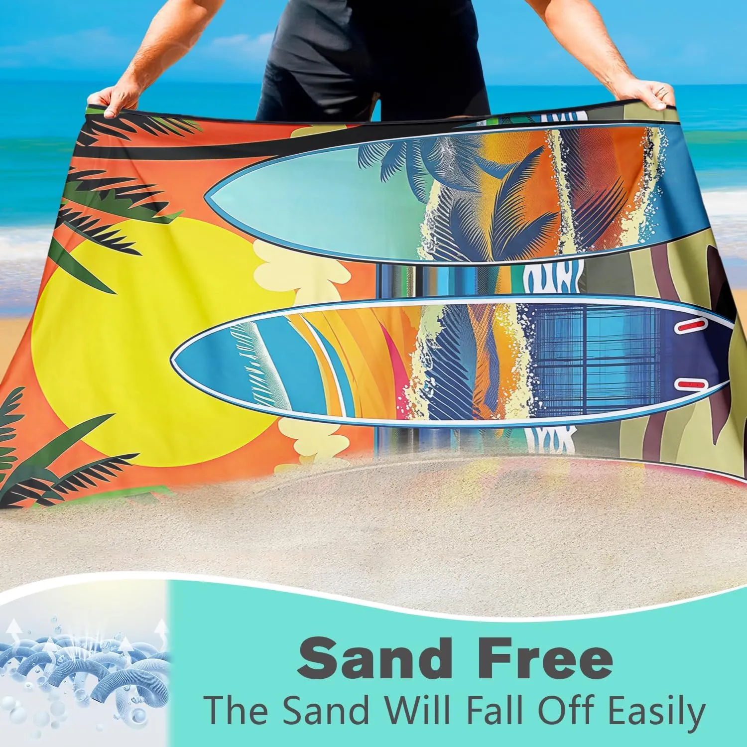 Sunset Palms Surfboard Beach Towel Oversized 36" x 72", Lightweight Sand Free Quick Dry Microfiber Towel for Swimming Pool Cruise Camping Travel