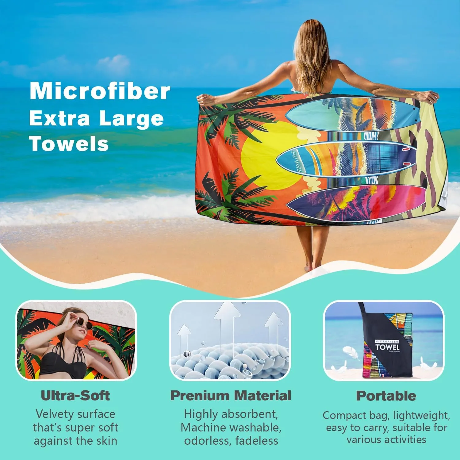 Sunset Palms Surfboard Beach Towel Oversized 36" x 72", Lightweight Sand Free Quick Dry Microfiber Towel for Swimming Pool Cruise Camping Travel