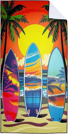 Sunset Palms Surfboard Beach Towel Oversized 36" x 72", Lightweight Sand Free Quick Dry Microfiber Towel for Swimming Pool Cruise Camping Travel