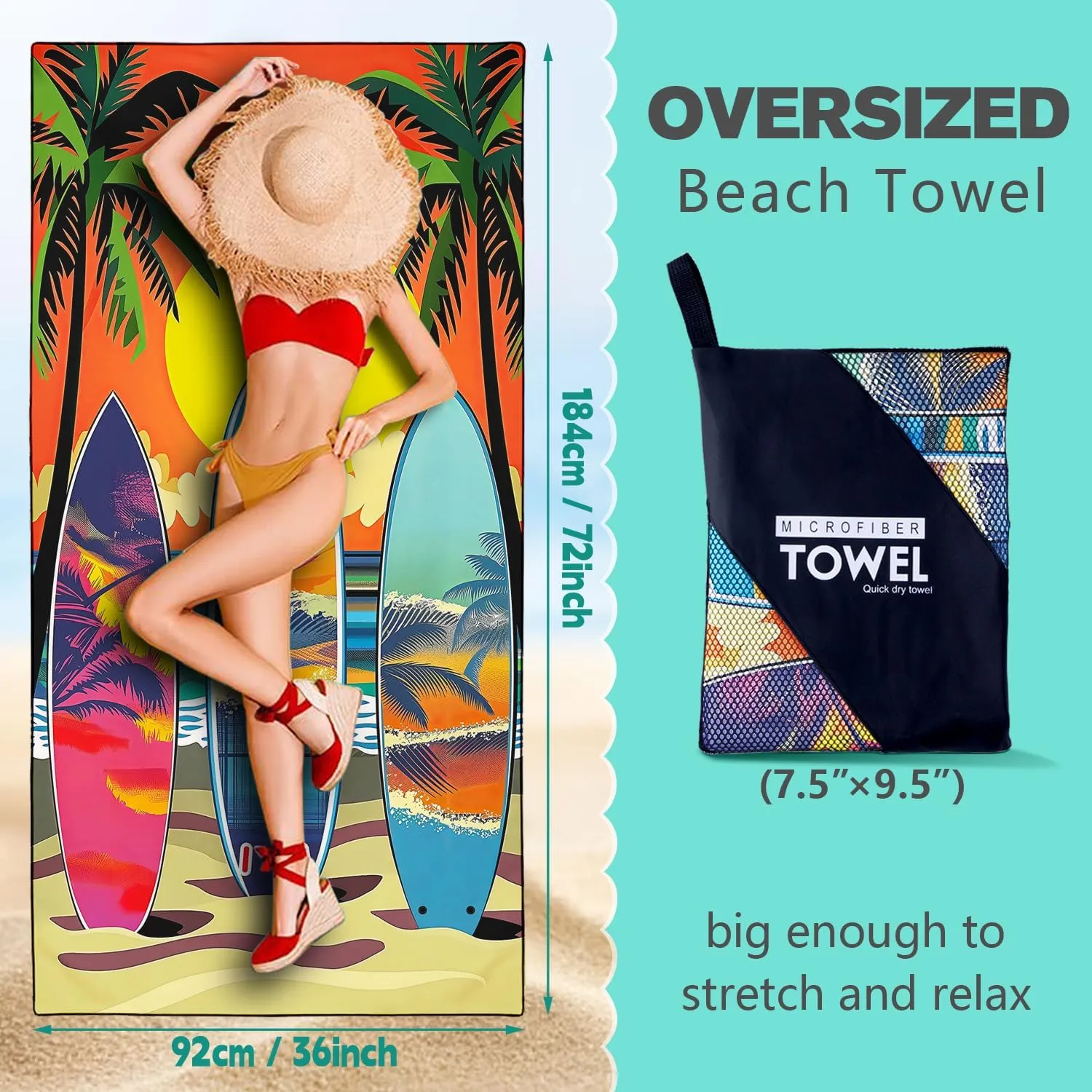Sunset Palms Surfboard Beach Towel Oversized 36" x 72", Lightweight Sand Free Quick Dry Microfiber Towel for Swimming Pool Cruise Camping Travel