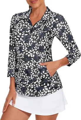 Viracy 3/4 Sleeve Womens Golf Shirts Quick Dry Quarter Zip Workout Tennis Polo Tops with Pocket