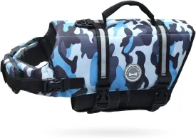 VIVAGLORY Ripstop Dog Life Jacket for Small Medium Large Dogs Boating, Swimming Vest for Dogs with Enhanced Visibility & Buoyancy, Camo Blue