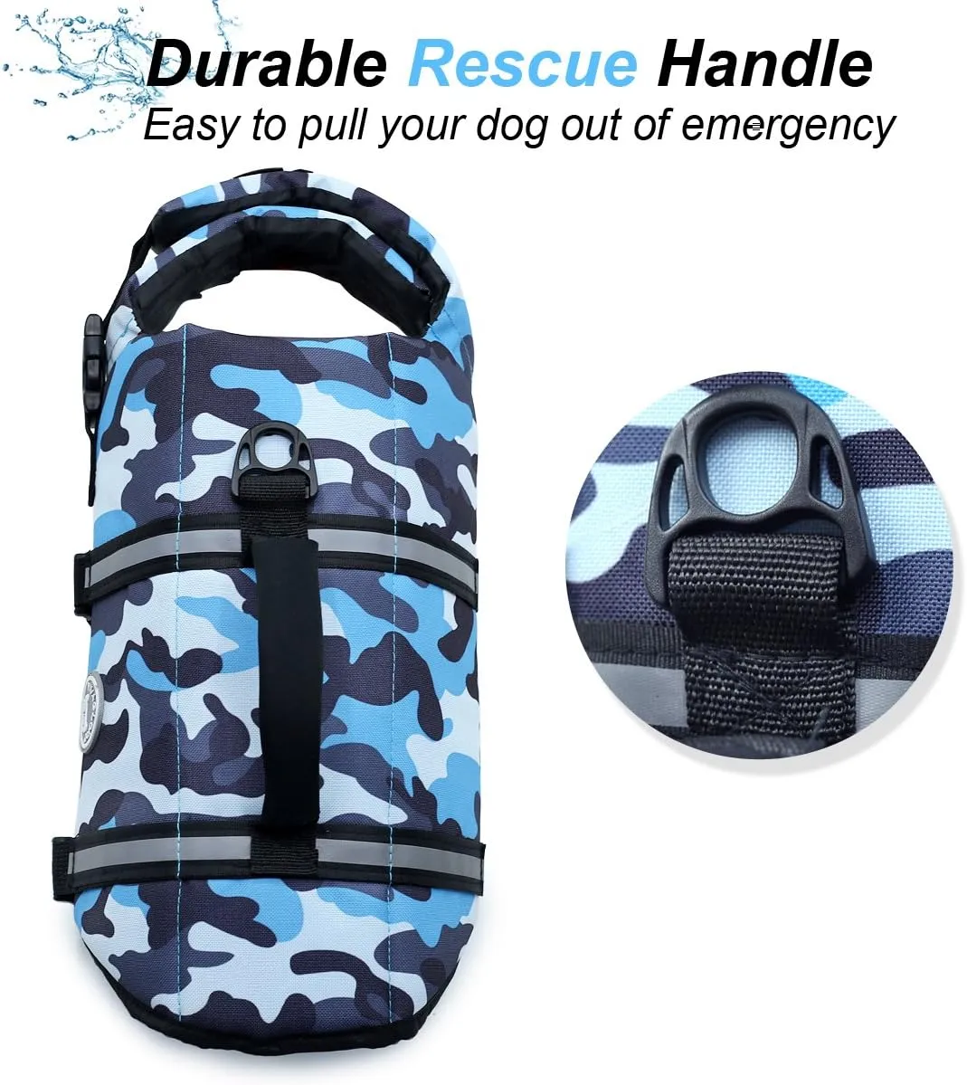 VIVAGLORY Ripstop Dog Life Jacket for Small Medium Large Dogs Boating, Swimming Vest for Dogs with Enhanced Visibility & Buoyancy, Camo Blue