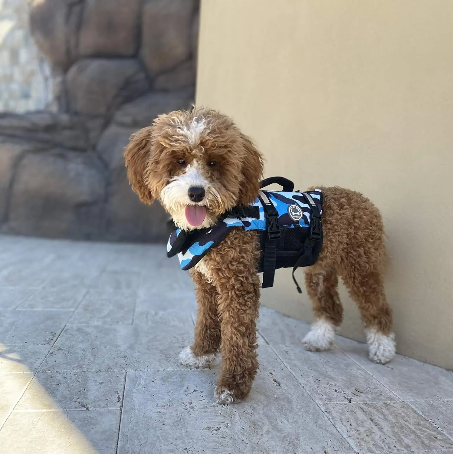 VIVAGLORY Ripstop Dog Life Jacket for Small Medium Large Dogs Boating, Swimming Vest for Dogs with Enhanced Visibility & Buoyancy, Camo Blue