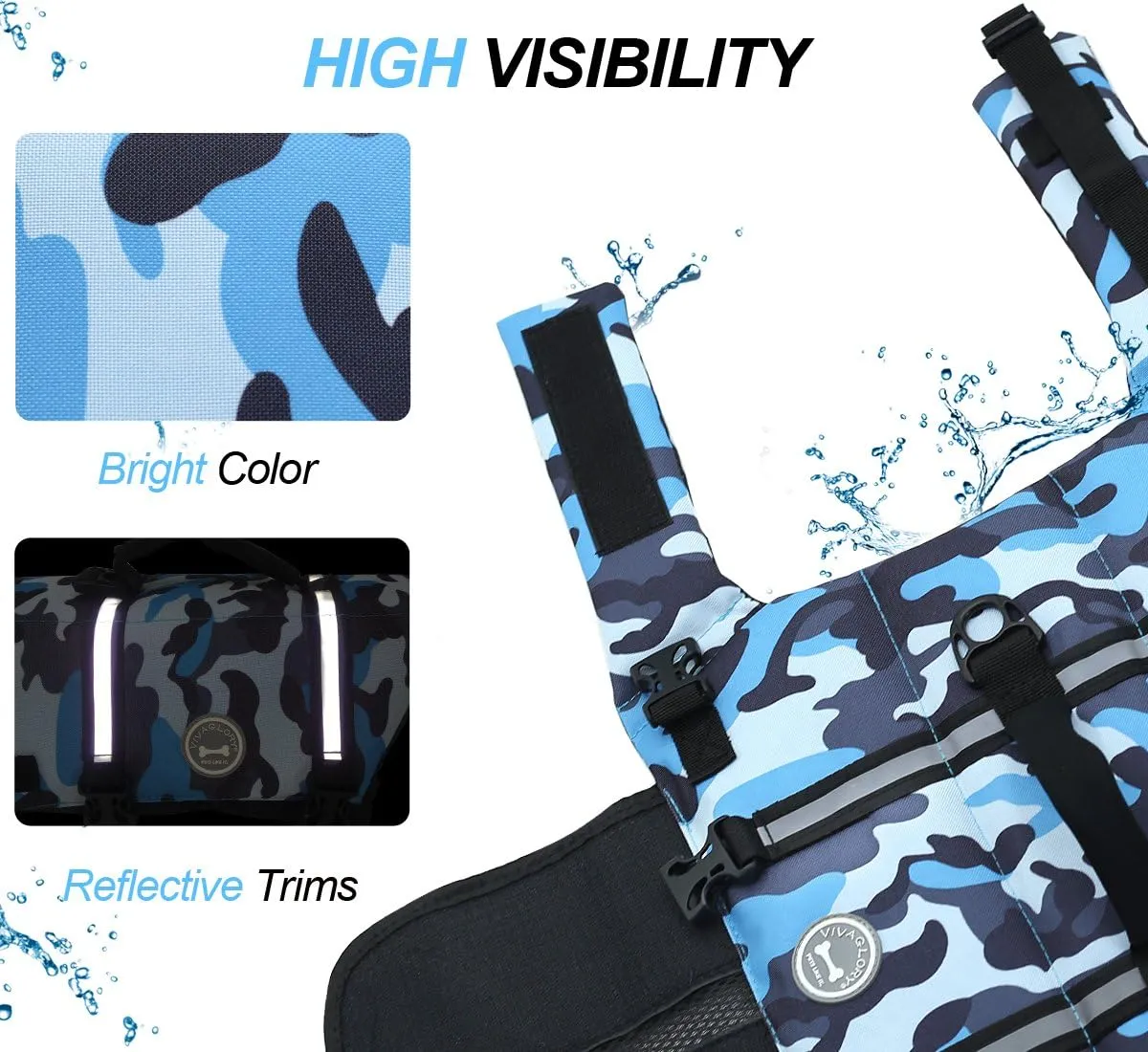 VIVAGLORY Ripstop Dog Life Jacket for Small Medium Large Dogs Boating, Swimming Vest for Dogs with Enhanced Visibility & Buoyancy, Camo Blue
