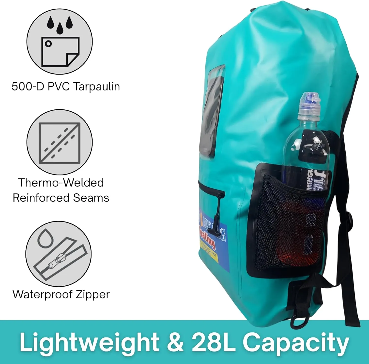 Waterproof Backpack 28L Teal Dry Bag Cell Phone Pouch with Exterior Window for Easy Use During All Water Sports | 28L Large Capacity | Ideal for Hiking, Boating, Rafting and Travel