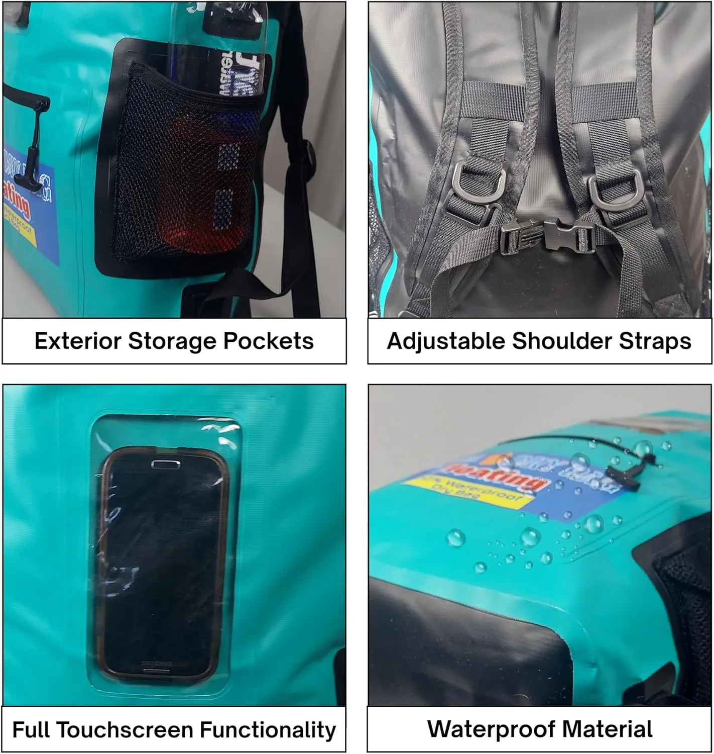 Waterproof Backpack 28L Teal Dry Bag Cell Phone Pouch with Exterior Window for Easy Use During All Water Sports | 28L Large Capacity | Ideal for Hiking, Boating, Rafting and Travel