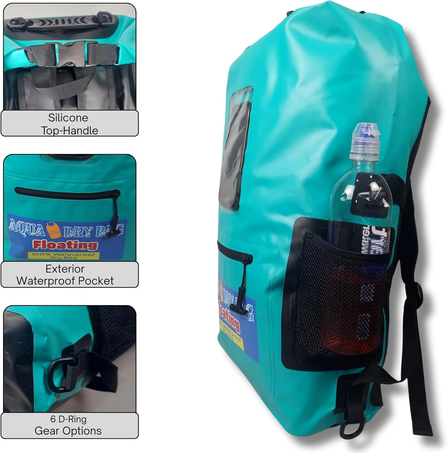 Waterproof Backpack 28L Teal Dry Bag Cell Phone Pouch with Exterior Window for Easy Use During All Water Sports | 28L Large Capacity | Ideal for Hiking, Boating, Rafting and Travel