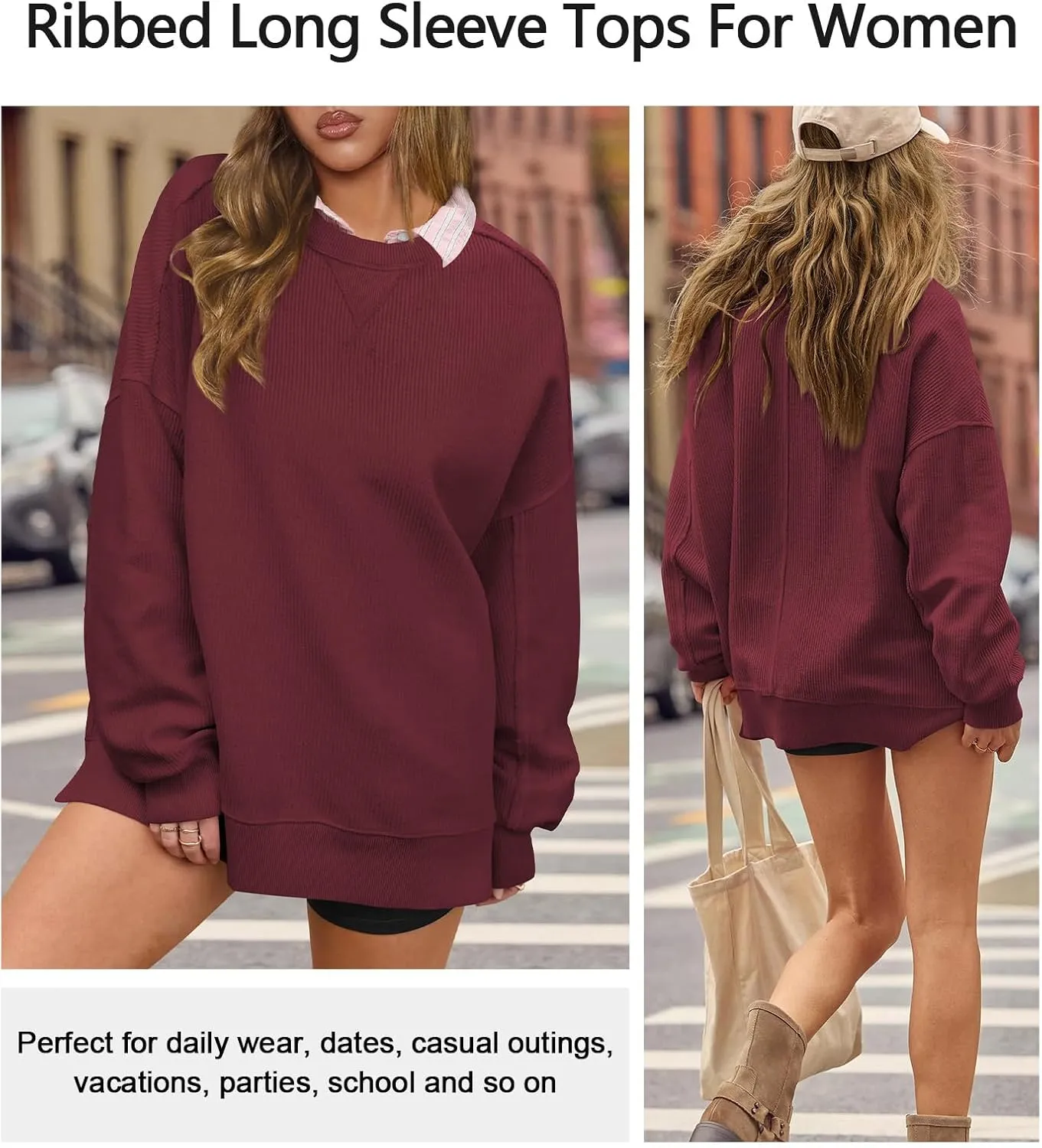 Womens Sweatshirt Crewneck Corded Corduroy Sweater for Women Casual Oversized Ribbed Long Sleeve Shirt Pullover Top