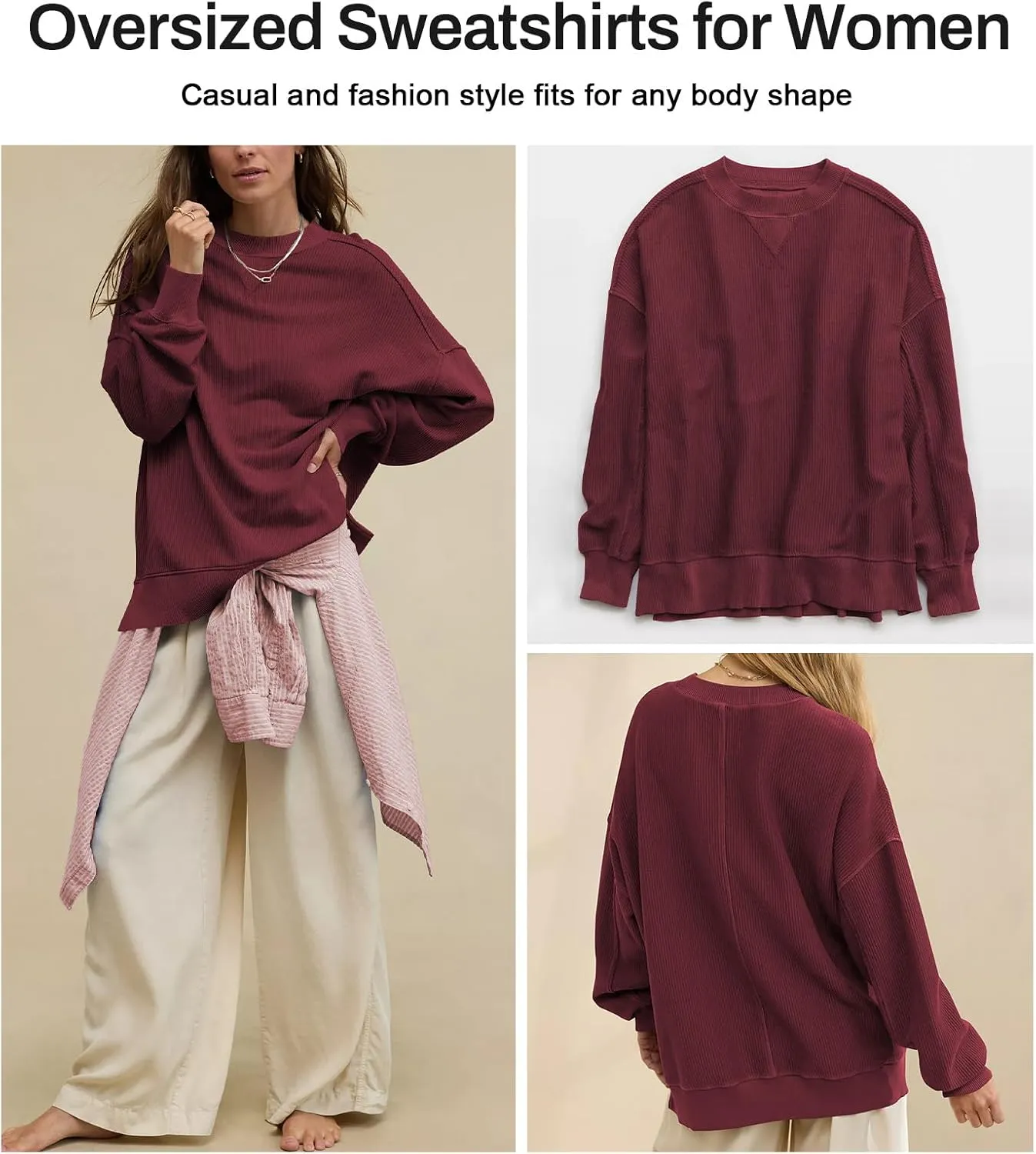 Womens Sweatshirt Crewneck Corded Corduroy Sweater for Women Casual Oversized Ribbed Long Sleeve Shirt Pullover Top