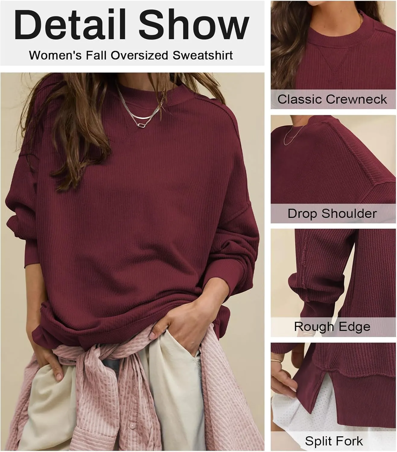 Womens Sweatshirt Crewneck Corded Corduroy Sweater for Women Casual Oversized Ribbed Long Sleeve Shirt Pullover Top