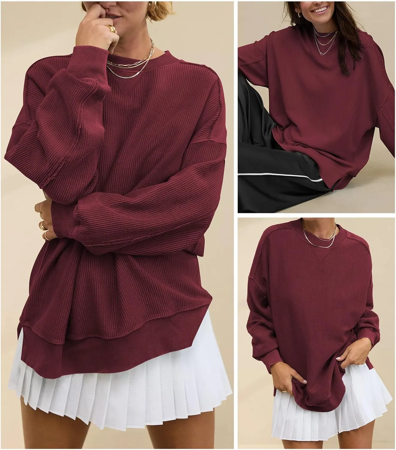 Womens Sweatshirt Crewneck Corded Corduroy Sweater for Women Casual Oversized Ribbed Long Sleeve Shirt Pullover Top